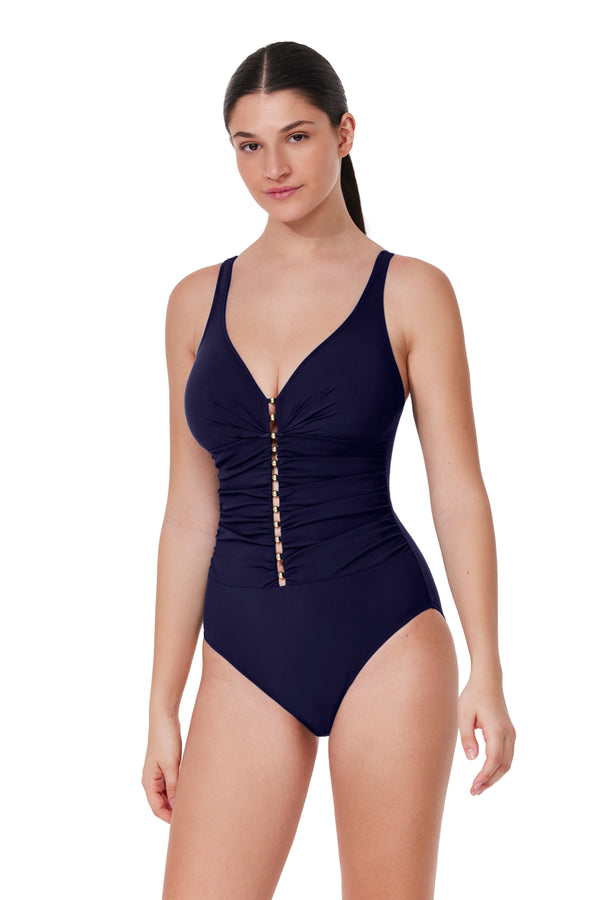 Profile by Gottex Tutti Frutti D-Cup V-Neck Gold Beaded One Piece